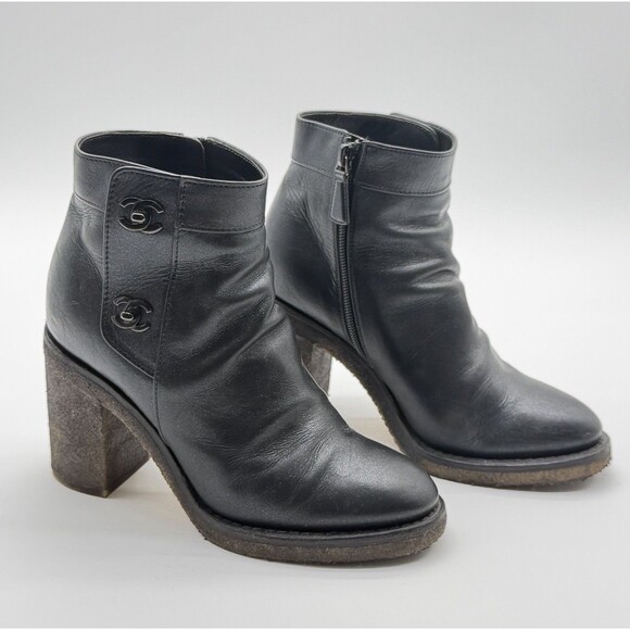 CHANEL Shoes - Chanel CC Turnlock Ankle Boots EU 36.5  US 6 Black Block Heel Booties